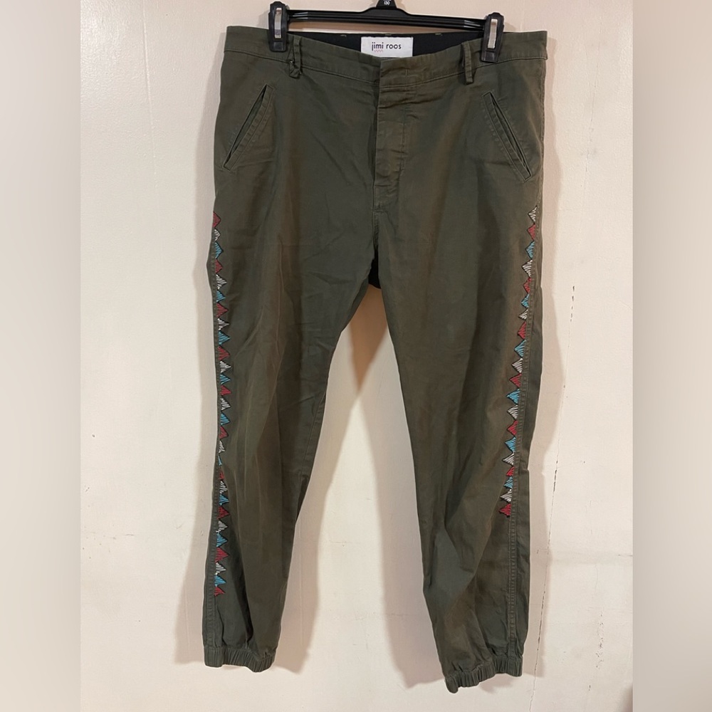 Jimi Roos Designer Army Green Embroidered jogger pants Women’s size 33 W